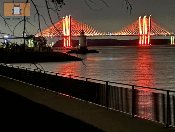 Mario Cuomo Bridge and lighthouse at night, Tarrytown NY